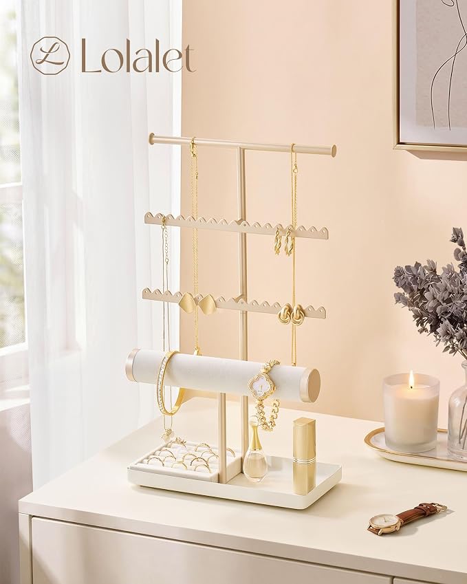Lolalet Jewelry Organizer Stand, Necklace Bracelet Holder -Champagne Gold | Space-Saving Jewelry Display Storage Rack on Vanity Dresser for organizing Earrings Bangels Rings