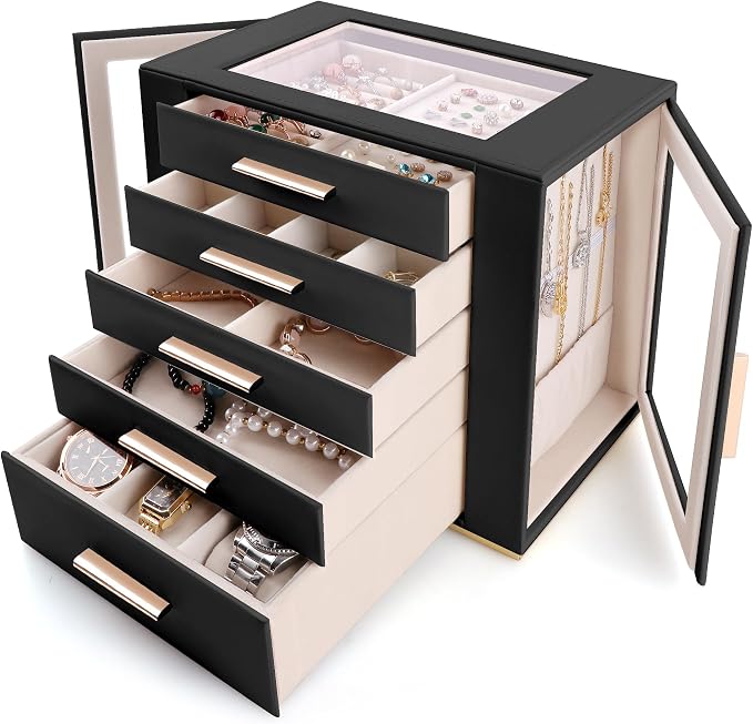 Homeanda Jewelry Box for Women with Glass Lid, 5 Drawers Jewelry Organizer and Storage for Necklaces, Rings, Earrings, Bracelets, Gift for Girls and Teens,PU Leather (Black)