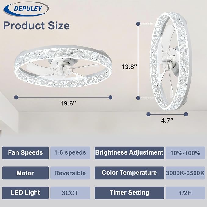 Depuley Ceiling Fans with Lights and Remote: Full Package 20" Modern Low Profile Flush Mount LED Ceiling Fan for Bedroom App Control - White Crystal Bladeless Fandelier for Laundry Room Kitchen