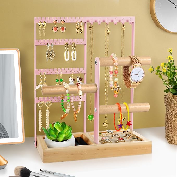 Godboat Jewelry Stand - 48 Holes Earring Holder, 4-Tier Necklace Organizer | 6 Hooks Jewelry Organizers and Storage, Bracelet Ring Rack with Wood Box, Preppy Gift Room Decor for Teen Girls Women, Pink