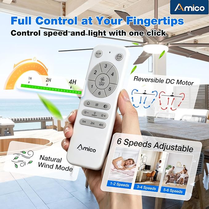 Amico 72 Inch Ceiling Fans with Lights and Remote, Indoor Outdoor Ceiling Fan for Patio Living Room, Kitchen, Quiet 6-Speed Reversible DC Motor, Dual-Sided Blades, Brown Farmhouse Dimmable & 3CCT