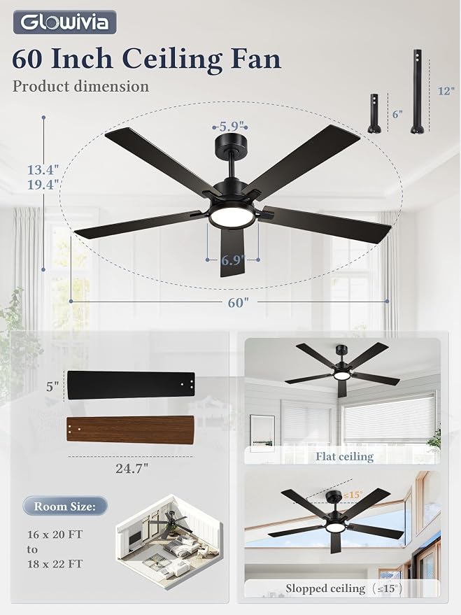 60 Inch Ceiling Fan with Lights and Remote,Smart APP Control | Dimmable LED,3CCT,Smart Memory Function,Quiet DC Motor,Dual-Finish Reversible Blades,Damp Rated,6 Adjustable Speeds,Timer