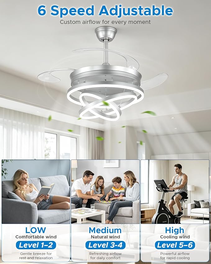48 Inch Retractable Ceiling Fans with Lights and Remote, Modern Chandelier Fandelier Ceiling Fans, Quiet Reversible DC Motor, 6 Speeds, 3 Color Dimmable LED for Bedroom Living Room (Silver)