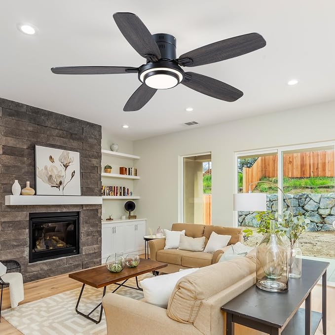 Hounberi 50 Inch Black Ceiling Fans with Lights and Remote, Modern Flush Mount Low Profile Ceiling Fan, 3CCT, Dimmable, Quiet DC Reversible Motor, for Bedroom Living Room Indoor/Outdoor Use