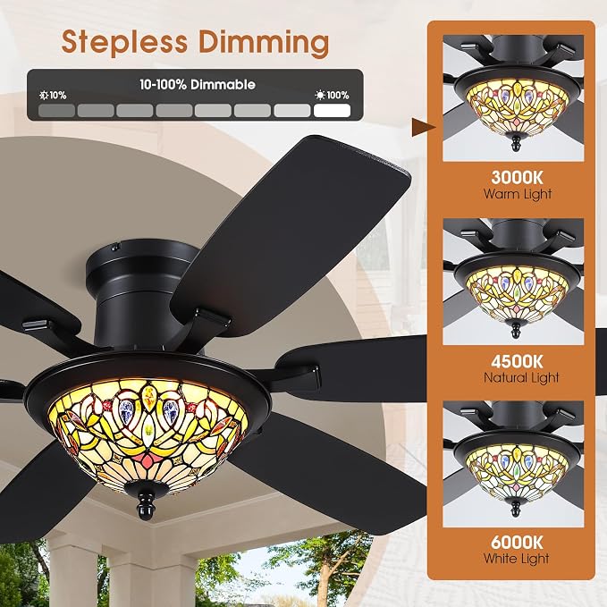 Tiffany Ceiling Fans with Lights - 52" Ceiling Fan Chandelier with Stained Glass Shade, 6 Speeds Reversible 6 Dual-Blades, Flush Mount, 3 CCT Dimmable LED Lights, Remote & APP Control, Vintage Style