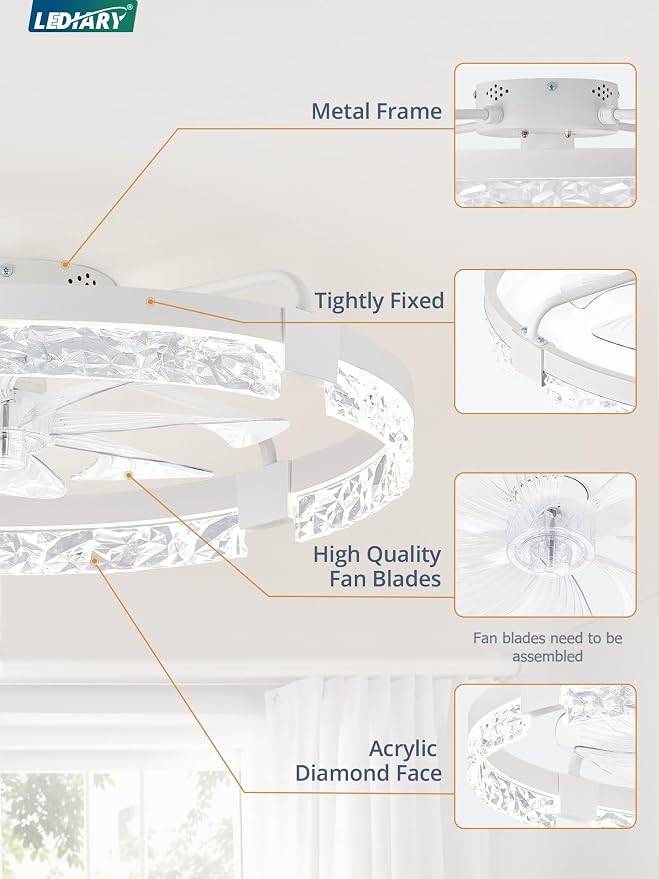 LEDIARY 24 Inch Low Profile Ceiling Fans with Lights and Remote, Flush Mount Fandelier Ceiling Fan, 3000K-6000K Dimmable LED Fan Light, White Modern Ceiling Fans with Lights for Bedroom