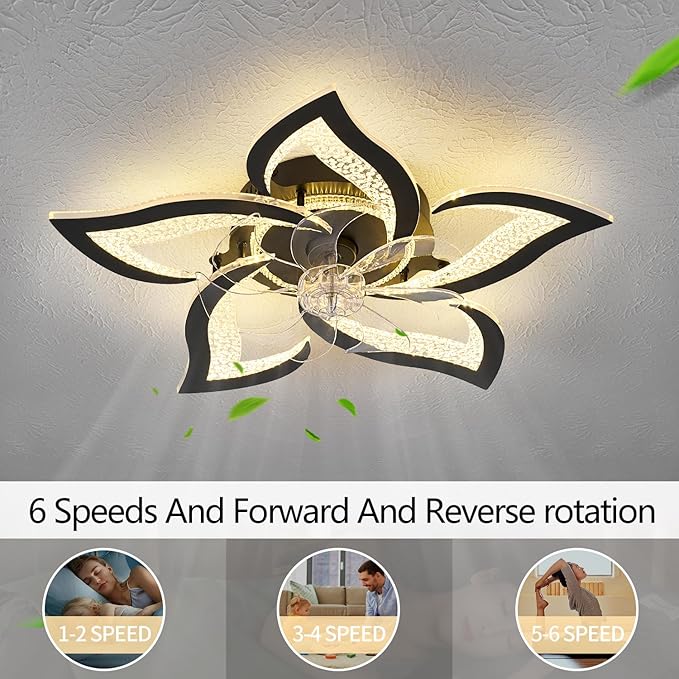 27" Black Geometric Ceiling Fan Lights with Remote, 6 Speeds Adjustable Low Profile Flush Mount Ceiling Fan with Light for Kitchen Bedroom