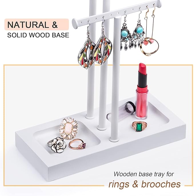 Love-KANKEI 3-Tier Jewelry Organizer Stand Holder,Adjustable Height,White | Metal Rod,Solid Wood Base,Easy to Install,Tree Style,Display Long Necklaces,Bracelets,Earrings,Rings,Watches,Bangles,Gift