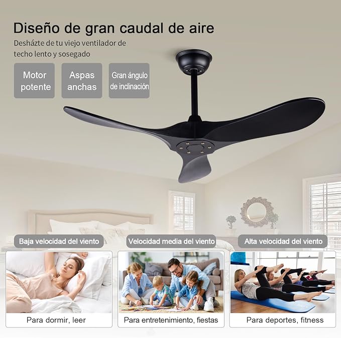 42 Inch Ceiling Fans without Lights, Black Ceiling Fans no Lights with Remote Control, 3 Solid Wood Blades Indoor Outdoor Ceiling Fan for Patios Bedroom Kitchen