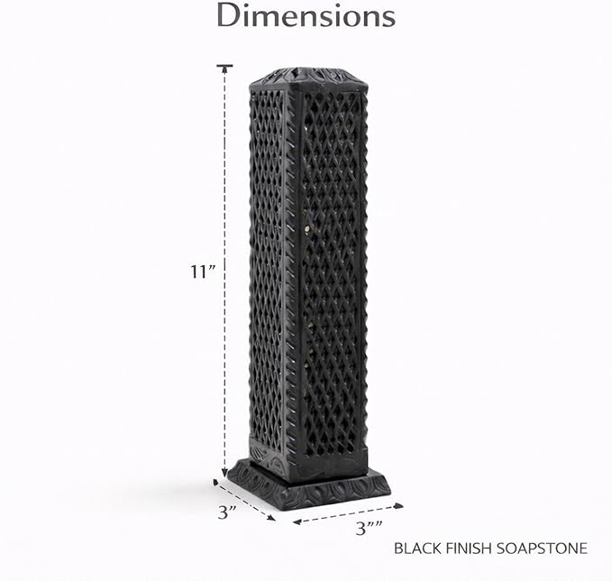 Handmade Marble Black Soapstone Incense Stick Burner | Candle Stick Holder | Tea Light Burner - Perfect Jaali Carving for Gifting. Decorative Home and Kitchen Decor (3 x 3 x 11 Inches).