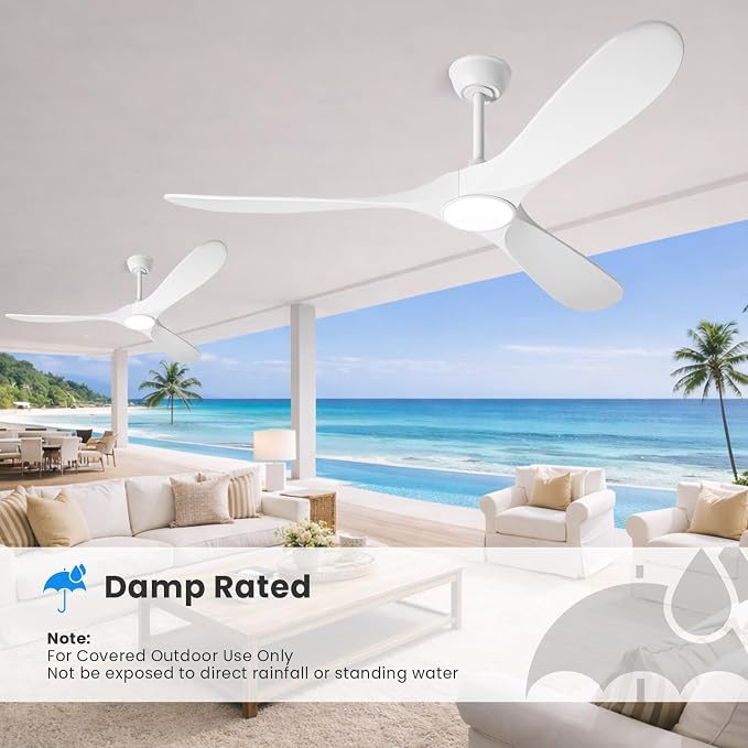 heimo 72 Inch White Ceiling Fan with Light and Remote, Wood Outdoor Ceiling Fans with Lights Dimmable for Bedroom Living Room Patios Proch Office Rustic Extra Large High Cfm Exterior Fan