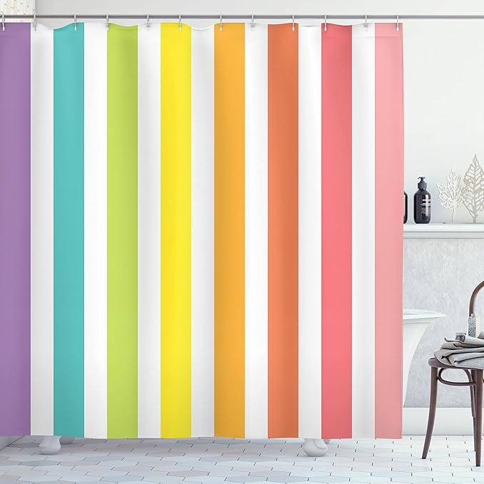 Ambesonne Modern Shower Curtain, Circus Theme Rainbow Colored Image Bold Stripes with Blank Background Image Print, Cloth Fabric Bathroom Decor Set with Hooks, 69" W x 84" L, Pastel Pink