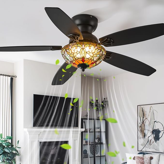 Tiffany Ceiling Fans with Lights - 48" Ceiling Fan Chandelier with 5 Dual-Blades and Glass Shade, 6 Speeds and Reversible, Indoor and Outdoor, Retro Style