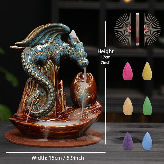 Dragon Incense Burner Holder - Egg Backflow Waterfall Cone Incense Holder, Ceramic Unique Pterosaur Incense Burner with Cones & Sticks for Halloween/Aromatherapy/Yoga/Home/Room/Office Deco