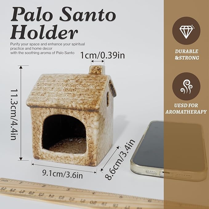 Mougigi Ceramic Brown House Palo Santo Burner Holder | Mini Chiminea Design for Sage & Incense Cones | Stable Base Smudge Bowl Dish | Perfect for Zen Altar, Meditation, Yoga Spaces, Home Decor & Gifts