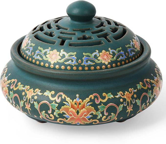 Ceramic Incense Burner with Incense Holder+ Fireproof Cotton,Handmade Smudging Burn Bowl for Stick or Coil Incense,Sage Cones,Frankincense and Mosquito Incense (Enamel)