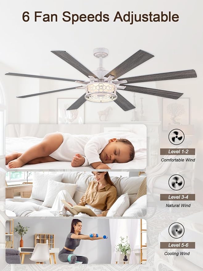 72 in Farmhouse Ceiling Fan with Lights Large Rustic Ceiling Fan | Retro White Caged Fandelier, Industrial Chandelier Light with Remote for Living Room Indoor, Reversible DC Motor 6 Speeds