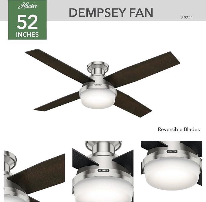 Hunter Dempsey, Indoor, Ceiling Fan, Modern, 52 inch, Brushed Nickel