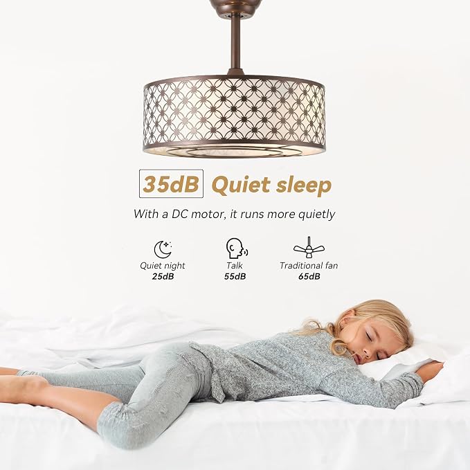 Brown Fandelier Ceiling Fan with Light, 20" Caged Brown Chandelier Ceiling Fans with Lights Remote Control, Fabric Mid-Century Modern with 6 Speeds for Bedroom, Nursery, Living Room.