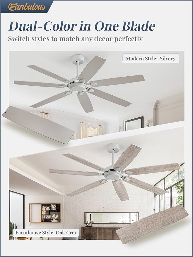 62 Inch Ceiling Fan No Light with Remote Control, Grey Ceiling Fans Without Light With 6-Speeds Quiet Reversible DC Motor, Indoor/Outdoor Ceiling Fan with Dual Finish 7 Blades for Patio Living Room