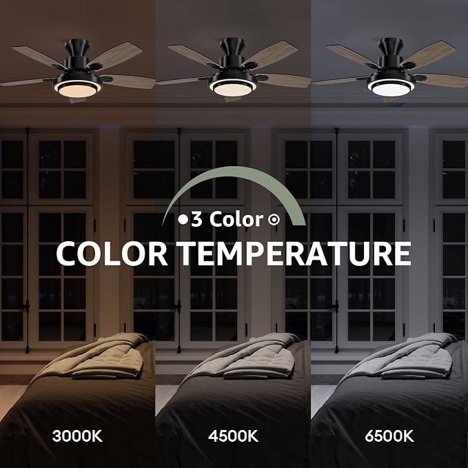 Ceiling Fans with Lights and Remote Control, 42 Inch Low Profile Ceiling Fan with Quiet Reversible DC Motor, Dimmable LED Lighting, 6 Speeds, Timer, Black Ceiling Fan for Bedroom Living Room