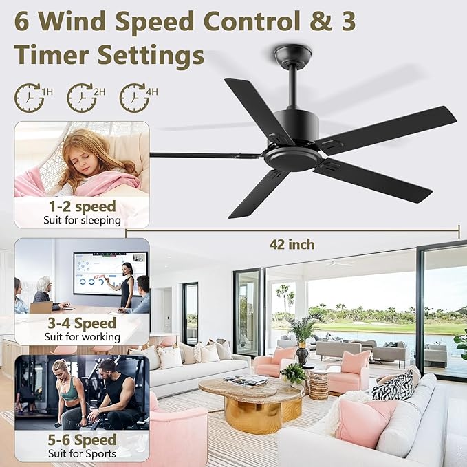 Obabala Outdoor Ceiling Fan No Light, 42 Inch Black Modern Ceiling Fan Without Light, Dual Finish 5 Blades,6 Speed, Reversible Quiet DC Motor for Patios, Garage, Bedroom, Porch