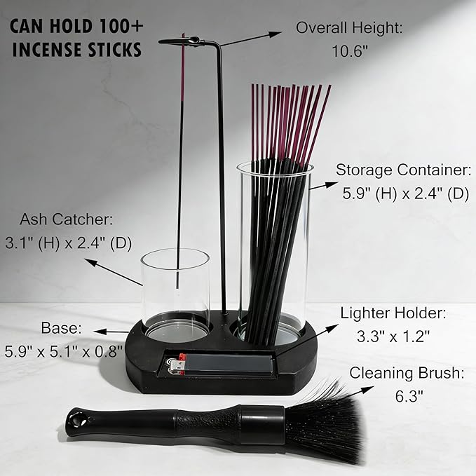 Incense Holder for Sticks 3 in 1 Glass Incense Burner with Lighter Holder and Ash Catcher Upside Down Anti-Ash Stick Holder with Storage Modern Zen Decor for Yoga Meditation Brush [Black]