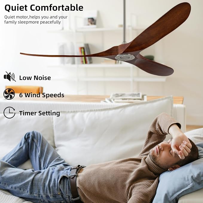 72 Inch Ceiling Fan No Light, Outdoor Patio Wooden Ceiling Fan Without Light,with Remote Control,Quiet Reversible Motor,Suitable for Living Room, Patio, Outdoor, Farmhouse(Brushed Nickel+Dark Walnut)