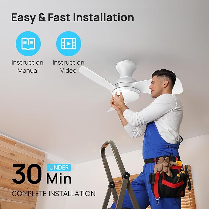Consciot Ceiling Fan With Lights 30 Inch, Kids Ceiling Fan White Modern, Flush Mount, Reversible Quiet DC Motor, 6 Speed, Dimmable, Kitchen Bedroom Patio