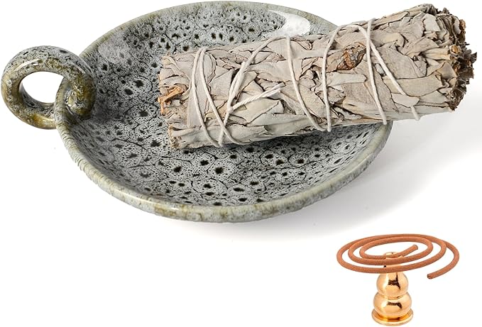 Ceramic Candle Holders with Handle, Palo Santo Holder for Burning, Vintage Farmhouse Smudge Incense Stick Bowl, Sage Burner Tray, Ash Catcher Plate for Meditation Room Home Decor (Green Grey)