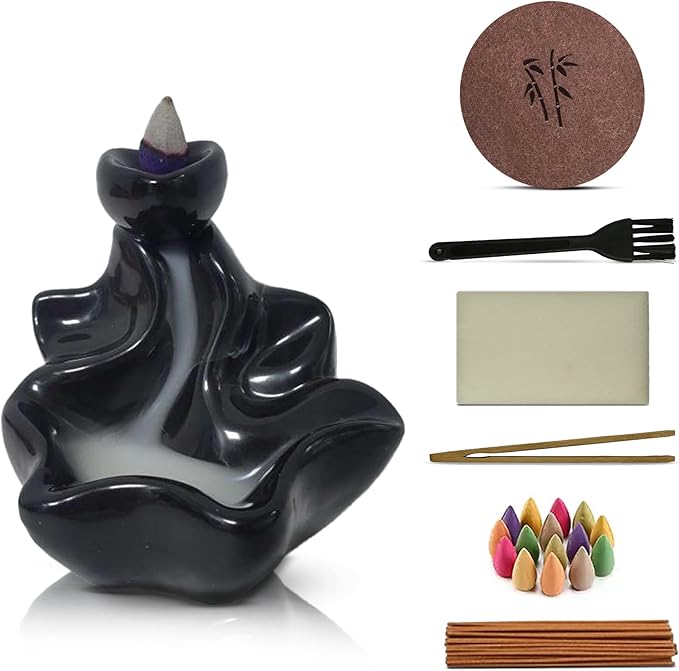 Ceramic Backflow Incense Holder Smoke Waterfall Burner Set with 120 Backflow Incense Cones, 30 Incense Sticks & Premium Accessories for Aromatherapy Home Decor