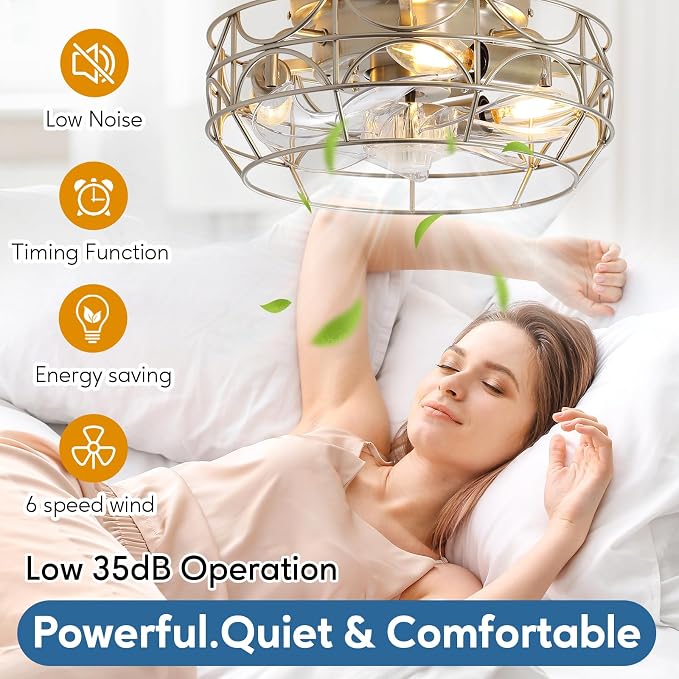 Nickel Caged Ceiling Fans with Lights and Remote,6 Speeds,12 inch Industrial Flush Mount Ceiling Fan with Light, Modern Bladeless Fan Lights Ceiling Fixtures for Kitchen, Bedroom,Indoor