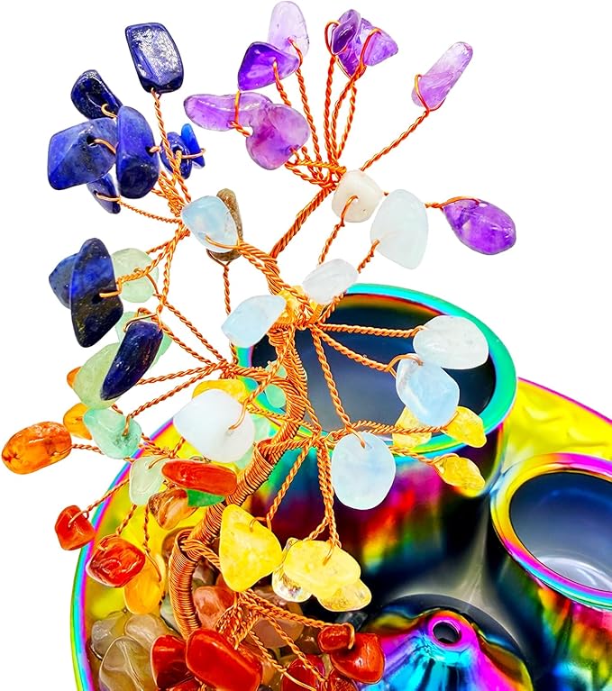 5 in 1 Incense Burner Holder with Crystal Tree for Burning Palo Santo Stick, Sage, Incense Sticks, Candle, Ceramic Tray Ash Catcher, Meditation Gift (Colorful)