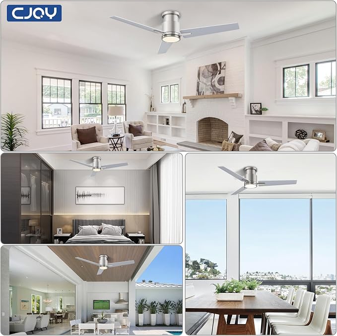 CJOY Ceiling Fans with Lights, 52 Inch Flush Mount Indoor Ceiling Fan with Light and Remote, Low Profile, LED Dimmable DC Reversible Modern Ceiling Fan for Bedroom（Brushed Nickel）