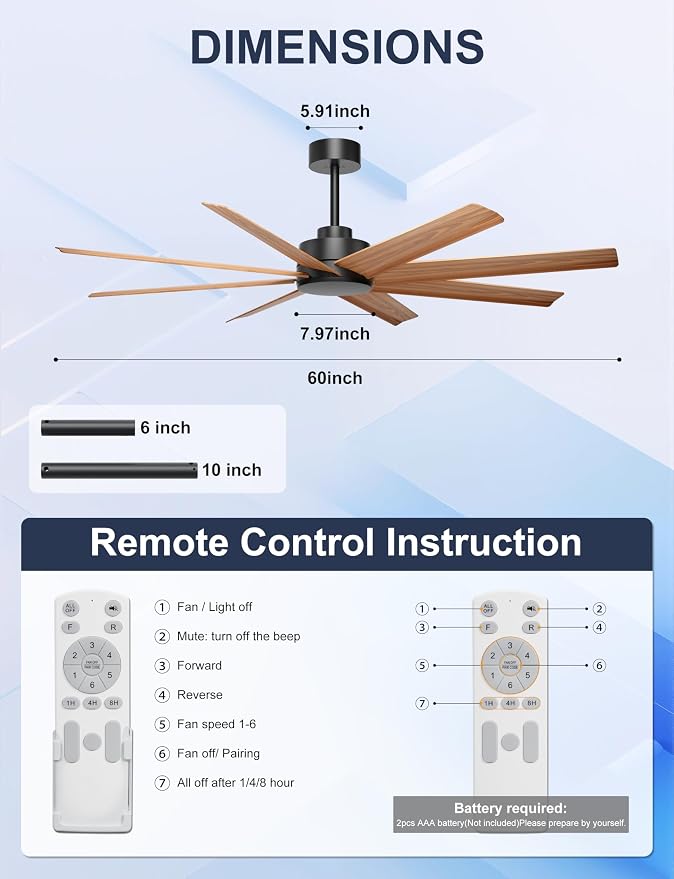Ohniyou 60" Modern Farmhouse Ceiling Fan No Light for Patio, Porch, Deck | Remote/App Control, Quiet DC Motor, Covered Outdoor Fan with 8 ABS Blades, Black and Wood Color