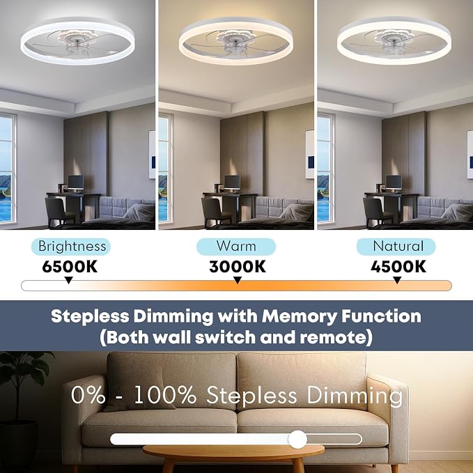 FSZDORJ 24'' Ceiling Fan with Light and Remote, Low Profile Ceiling Fan with Light, Dimmable Flush Mount Ceiling Fan Light, 6 Speeds Fan, App&Remote Control, Fandelier Quiet Fan for Bedroom F115 Black