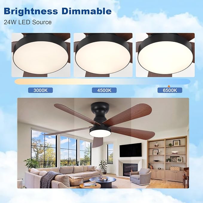 Depuley Small Ceiling Fan with Lights: 42-Inch Flush Mount Fan with Light and Remote - Low Profile Ceiling Fans Reversible Quiet DC Motor for Bedroom Living Room Indoor Outdoor, Walnut