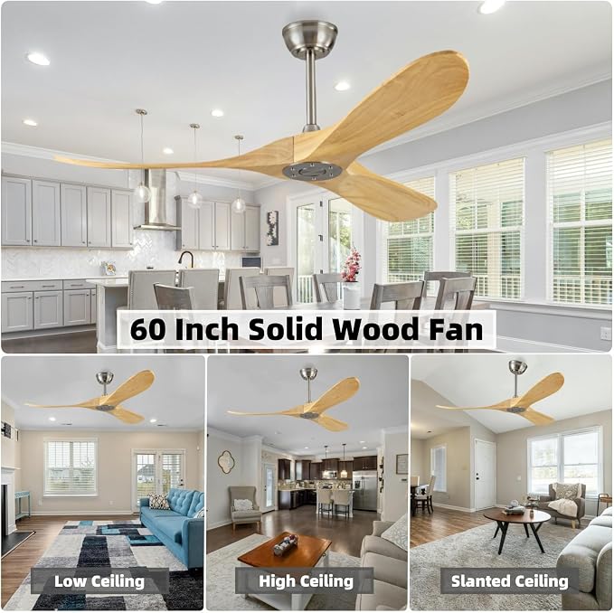 60 Inch Wood Ceiling Fan Without Light, Energy Saving DC Reversible Motor Ceiling Fan, Quiet and Strong Wind, Suitable for Living room, Dining room, Bedroom, Terrace(Brushed Nickel Wood)