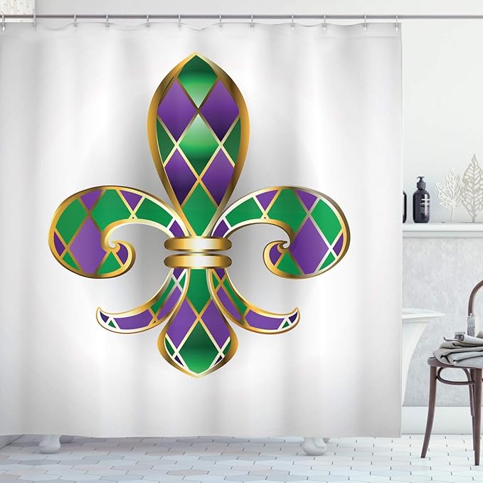 Ambesonne Fleur De Lis Shower Curtain, Golden Yellow Colored Lily Diamond Shapes Royalty Theme, Cloth Fabric Bathroom Decor Set with Hooks, 69" W x 75" L, Purple Green