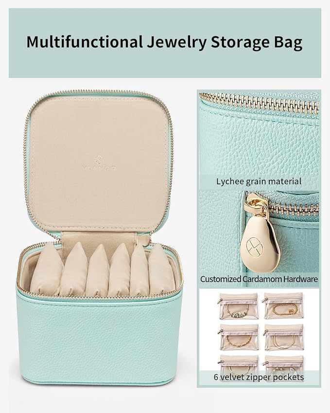 VLANDO Travel Jewelry Box for Women Faux Leather Jewelry Box with 6 Velvet Jewelry Zipper Pockets Earrings Necklace Rings Storage Boxes Christmas Gift for Mom Wife(Lake Blue)