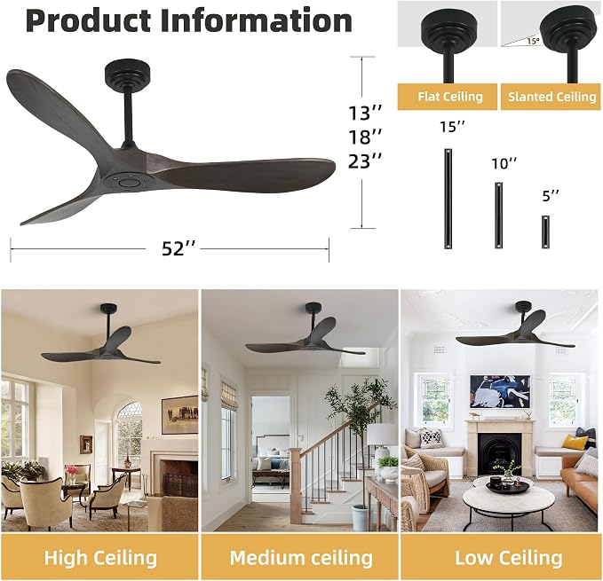 Smart Ceiling Fan no Light, 52 Inch Outdoor Ceiling Fan Without Light, Compatible with Alexa/Google/App, 3 Solid Wood Blades, Modern Wood Fan for Patio, Bedroom, Living Room, Dark Brown