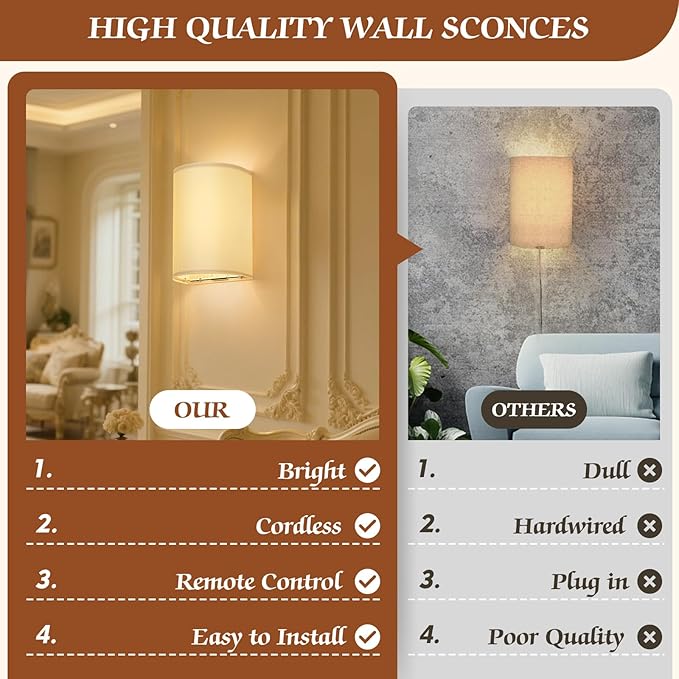 OCATO Battery Operated Wall Sconce: Wireless Wall Sconces Set of Two Battery Operated Magnetic Lamp Rechargeable Lights Dimmable with 16 RGB Colors with Remote Walls Decor for Bedroom Living Room