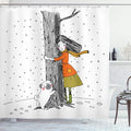 Ambesonne Dog Shower Curtain, Young Girlnd Pug Dog Holding Tree in The Snowy Weather Illustration, Cloth Fabric Bathroom Decor Set with Hooks, 69" W x 70" L, White Black