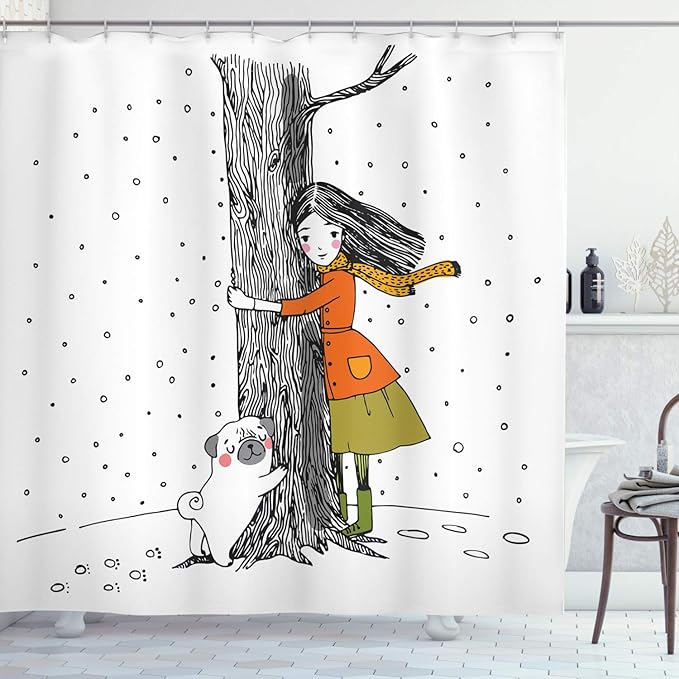 Ambesonne Dog Shower Curtain, Young Girlnd Pug Dog Holding Tree in The Snowy Weather Illustration, Cloth Fabric Bathroom Decor Set with Hooks, 69" W x 70" L, White Black