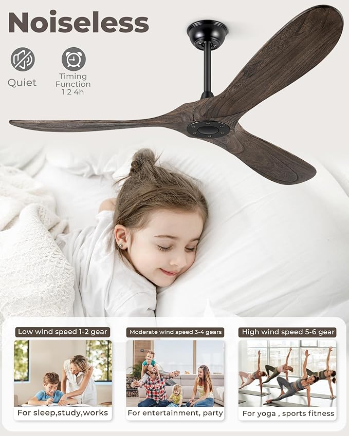 60" Ceiling Fans Without Light, Solid Wood Ceiling Fan No Light with Remote Control and DC Motor, Outdoor Ceiling Fan with 3 Blades, Outdoor fan for Patios - Deep Brown