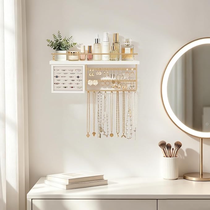Mkono Hanging Jewelry Organizer Wall Mounted Jewelry Organizer Necklace Holder with Rustic Wood Shelf, Ring Display Box, Ear Studs Earring Holder Bracelet Organizer (Gold)