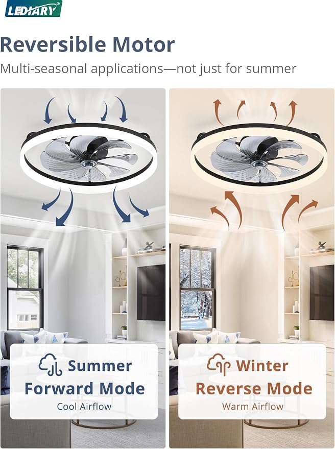 LEDIARY Ceiling Fans with Lights, 23 inch Low Profile Flush Mount Ceiling Fan, Dimmable LED, APP & Remote Control, Quiet Reversible DC Motor, 6 Speeds, Fandelier for Bedroom, Black