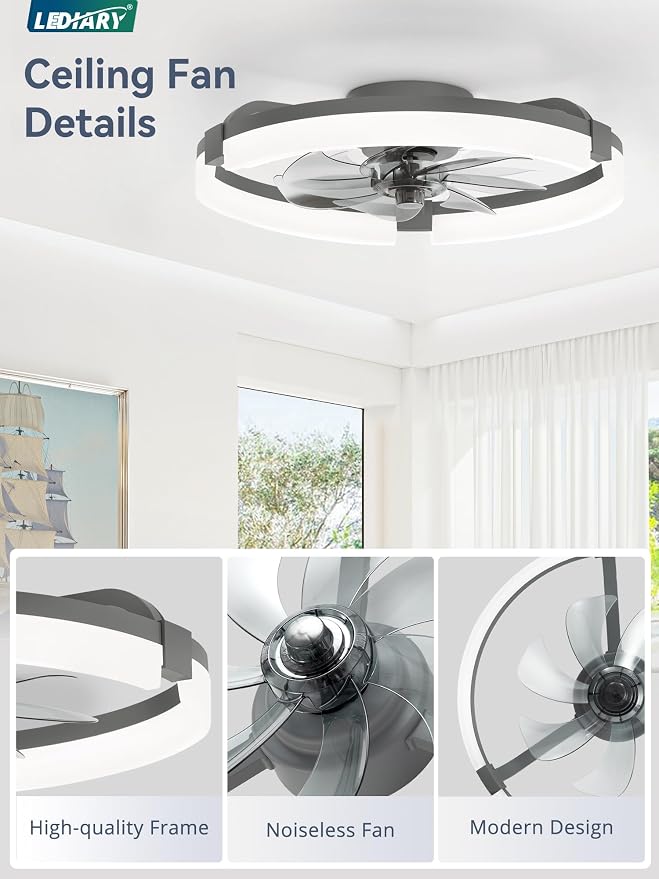 LEDIARY 20" Ceiling Fans with Lights and Remote, Modern Low Profile Ceiling Fan, 3 CCT, Stepless Dimmable, Fandelier Flush Mount Fan Light, 6 Speeds, DC Motor, App & Remote Control for Bedroom(Gray)