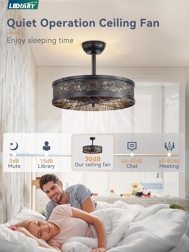 LEDIARY Farmhouse Chandelier Ceiling Fan with Light,20 Inch Black Caged Enclosed Bladeless Fan Lights Ceiling Fixtures,Vintage Victorian Rustic Fandelier for Indoor,Kitchen,Bedroom,Living Room