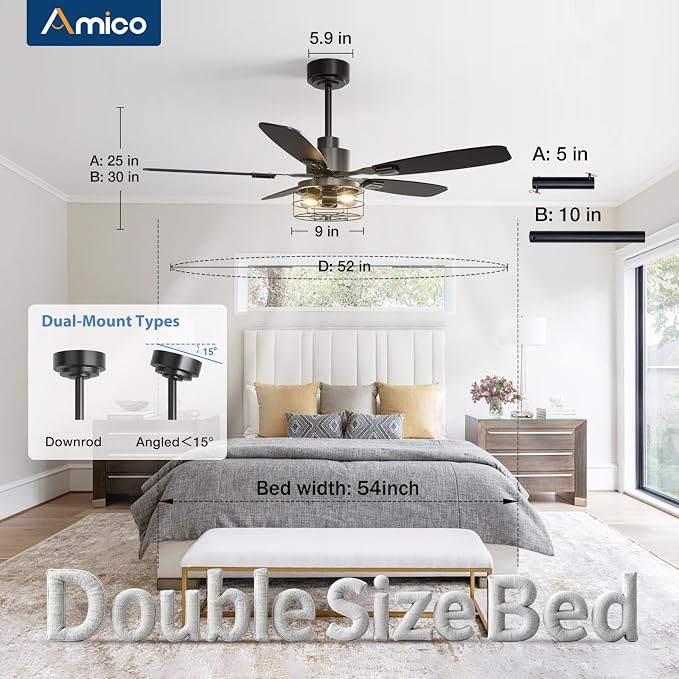 Amico 52 inch Ceiling Fans with Lights, Caged Ceiling Fan with Light and Remote Control, Dimmable, 3CCT, Quiet, Black Farmhouse Ceiling fan For Living Room, Bedroom, Kitchen, Patio Indoor/Outdoor Use